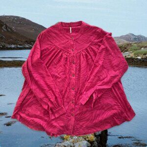 Free People Can't Stop Dreaming Hot Pink Jacquard Button Down Tunic Blouse M
